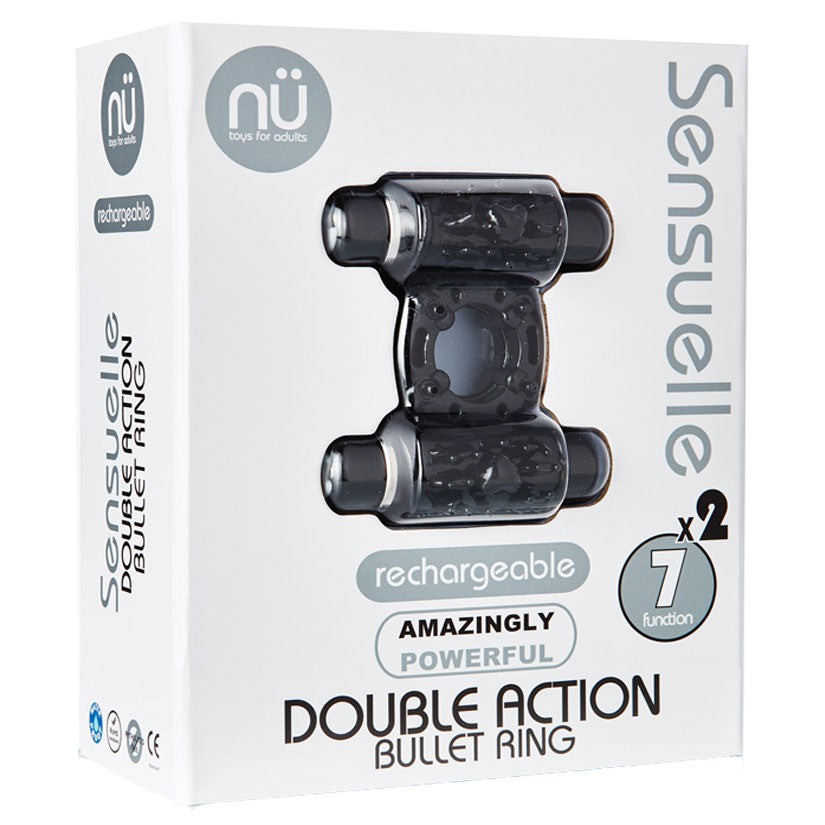 Sensuelle 7 Function Rechargeable Double Action Bullet Ring - Black - UABDSM