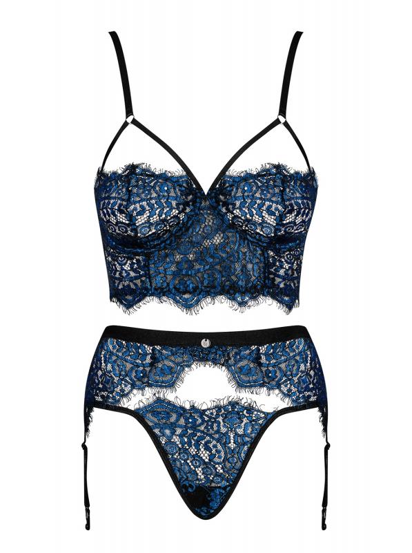 Yassmyne 3-Piece Lace Suspender Set - Blue - UABDSM