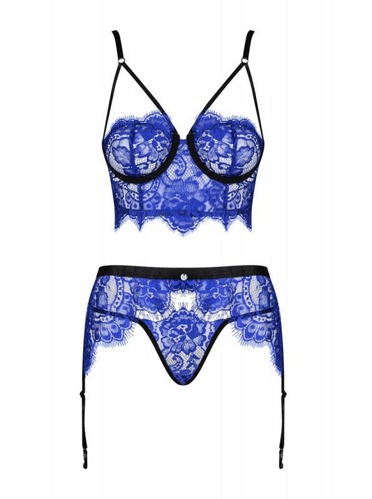 Cobaltess 3-piece Lace Suspender Set - Blue - UABDSM