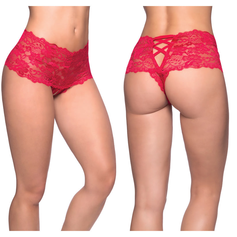 Crotchless Lace Boyshort - Small/ Medium - Red - UABDSM