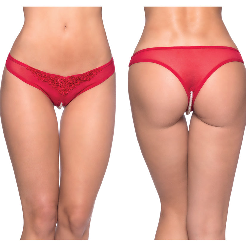 Crotchless Thong With Pearls - One Size - Red - UABDSM