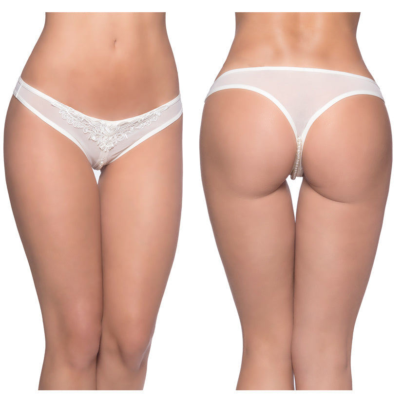 Crotchless Thong With Pearls and Venise Detail - White - 3x4x - UABDSM