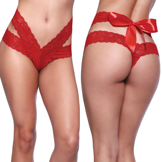 Lace Dual Strap Thong With Functional Tie Waistband - One Size - Red - UABDSM