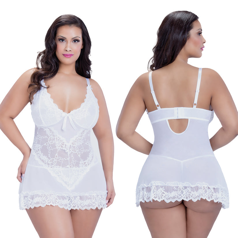 Valentine Lacey Babydoll With G-String-White Large - UABDSM