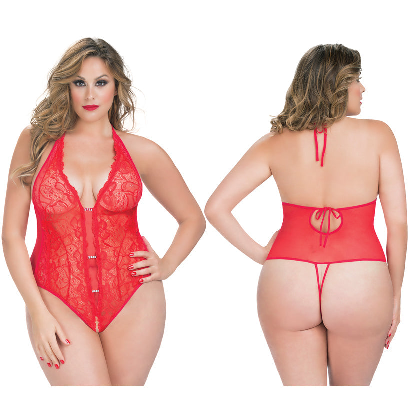 Crotchless Lace Teddy With Rhinestone Detail - Queen Size - Red - UABDSM
