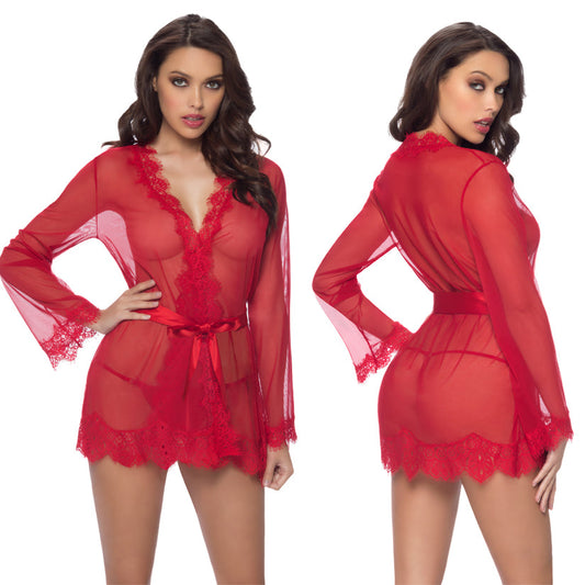 Provence Eyelash Lace Robe With G-String-Red L/XL - UABDSM