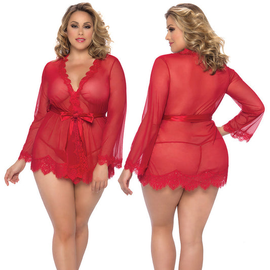 Provence Eyelash Lace Robe With G-String-Red 1X/2X - UABDSM