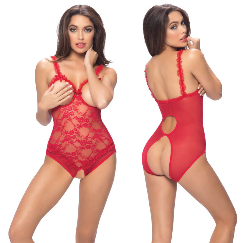 Lace Open Cup Crotchless Teddy - One Size - Red - UABDSM