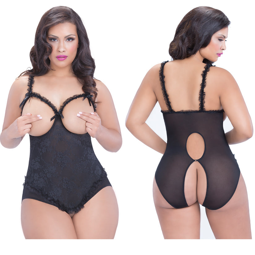 Open Cup Crotchless Teddy - Queen Size - Black - UABDSM