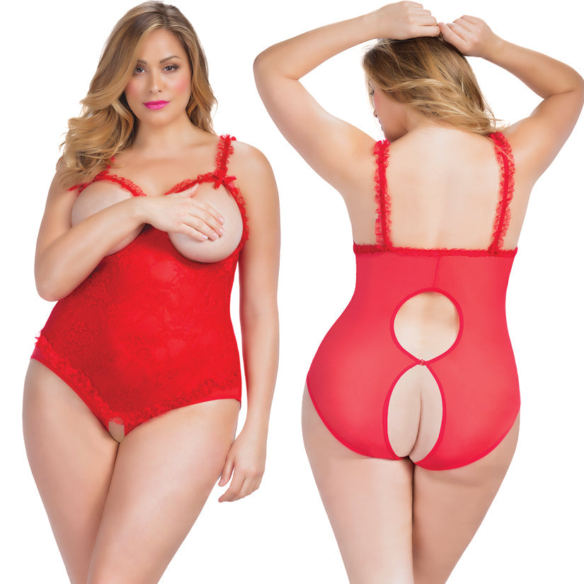 Open Cup Crotchless Teddy - Queen Size - Red - UABDSM