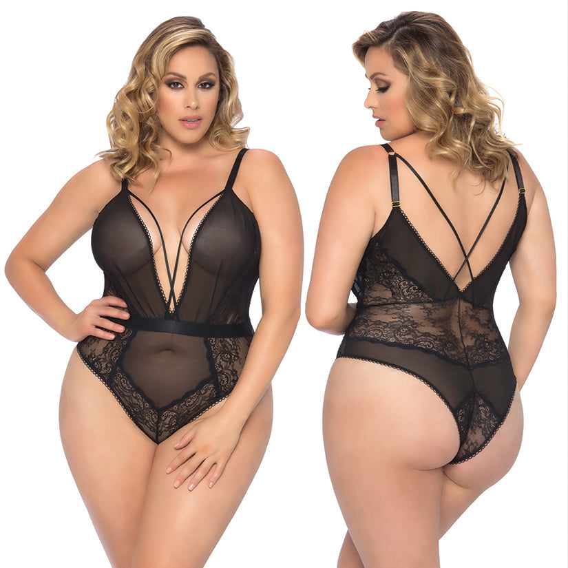 Viviane V-Plunge Lace Teddy With Strap Detail-Black 1X - UABDSM