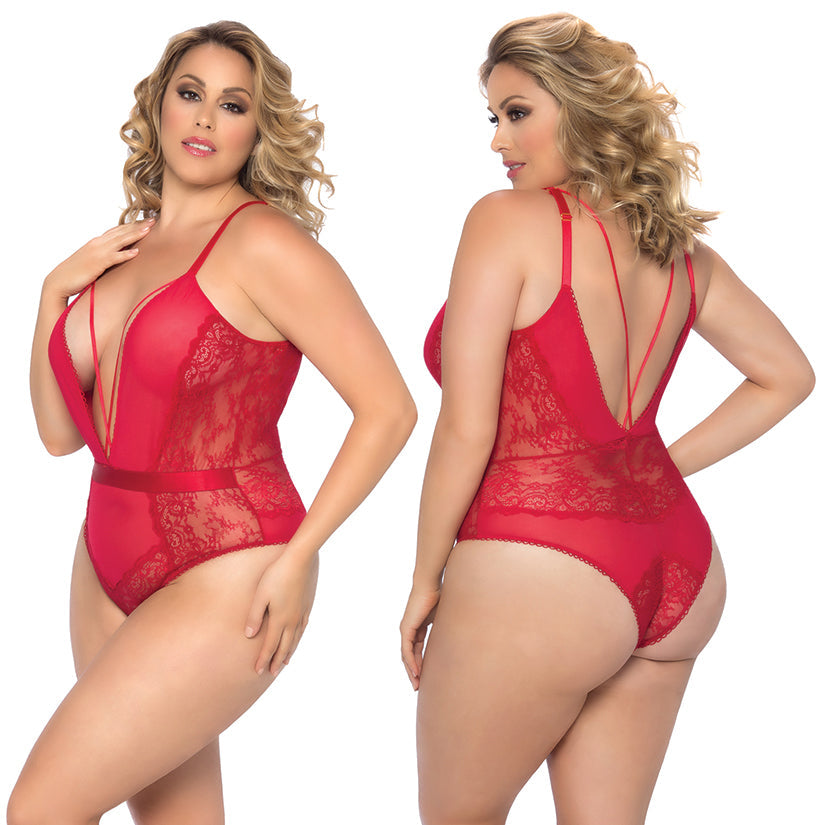 Viviane V-Plunge Lace Teddy With Strap Detail-Red 1X - UABDSM