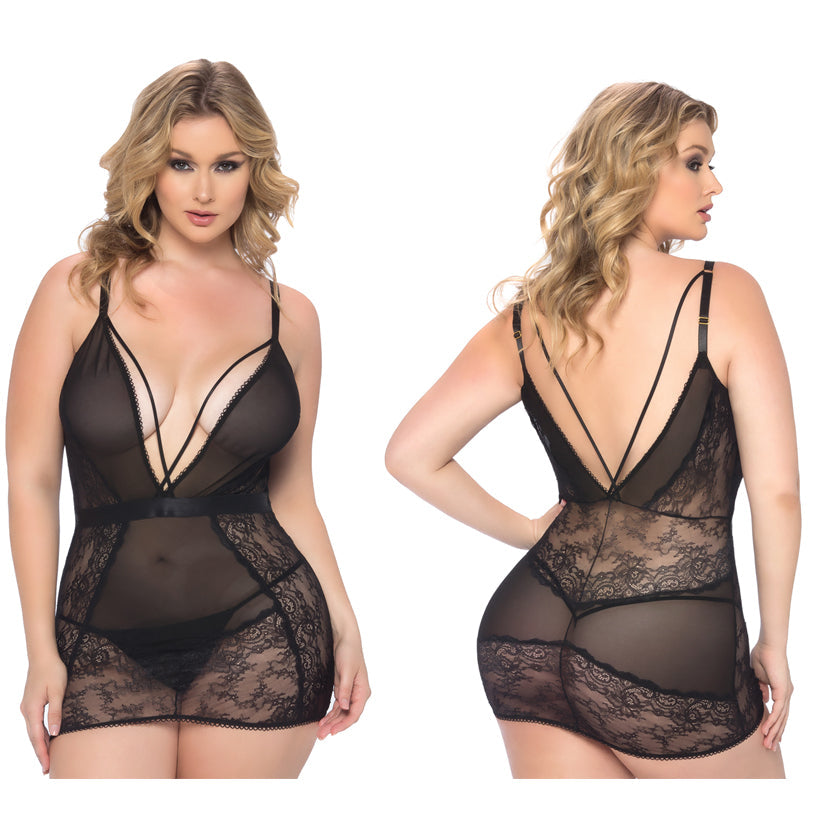 Viviane V-Plunge Lace Babydoll With G-String-Black Large - UABDSM