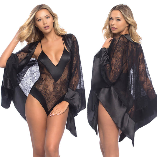 All Over Lace Handkerchief Robe With Wide Satin Edges - Black - One Size - UABDSM