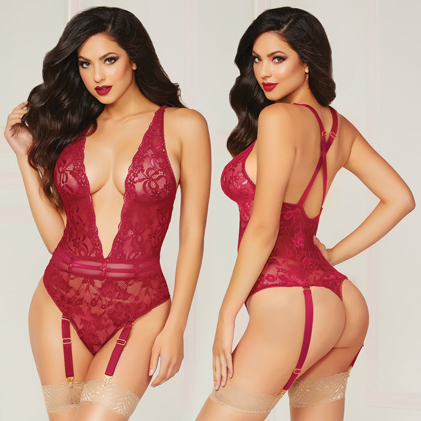 Floral Galloon Lace Teddy With Garters-Wine O/S - UABDSM