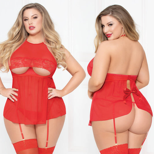 Mesh Babydoll W/thong - Red - Queen Size - UABDSM