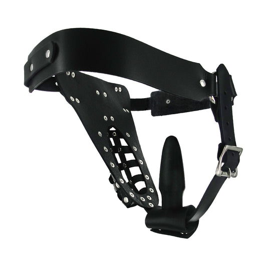 The Safety Net Leather Male Chastity Belt with Anal Plug Harness - UABDSM