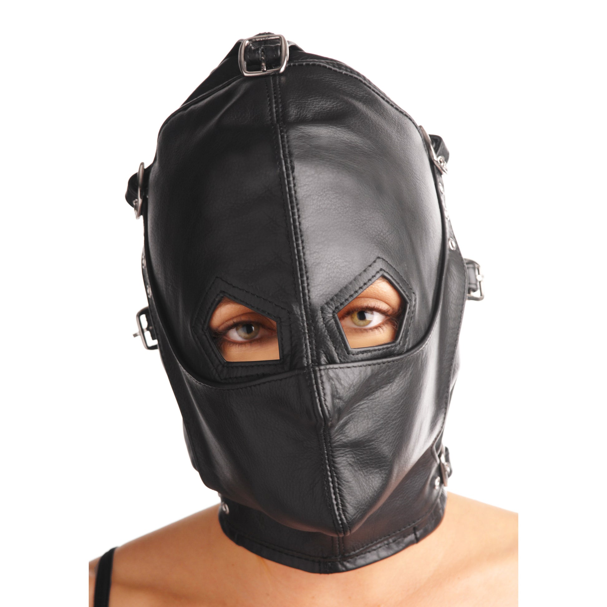 Asylum Leather Hood with Removable Blindfold and Muzzle- ML - UABDSM