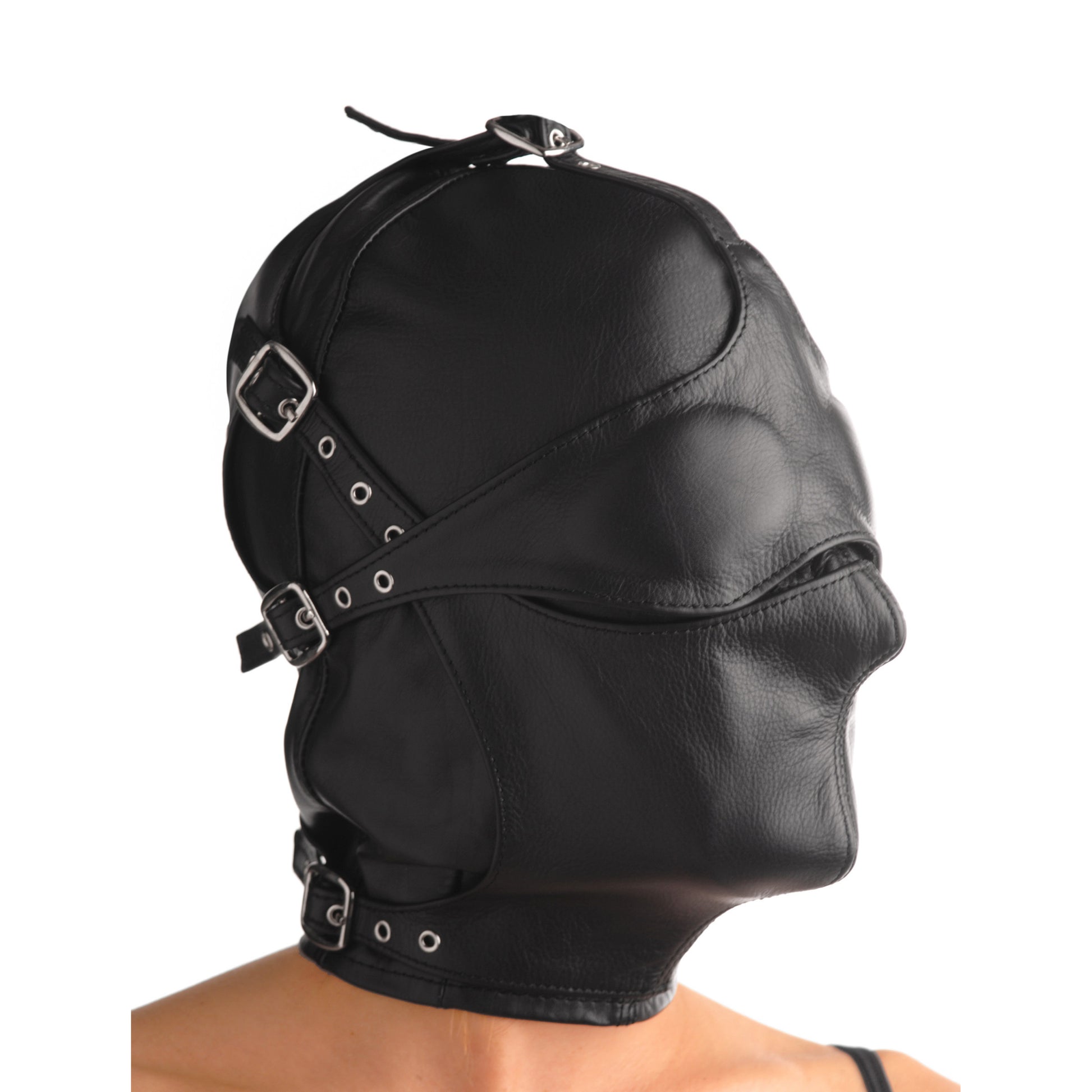 Asylum Leather Hood with Removable Blindfold and Muzzle- ML - UABDSM