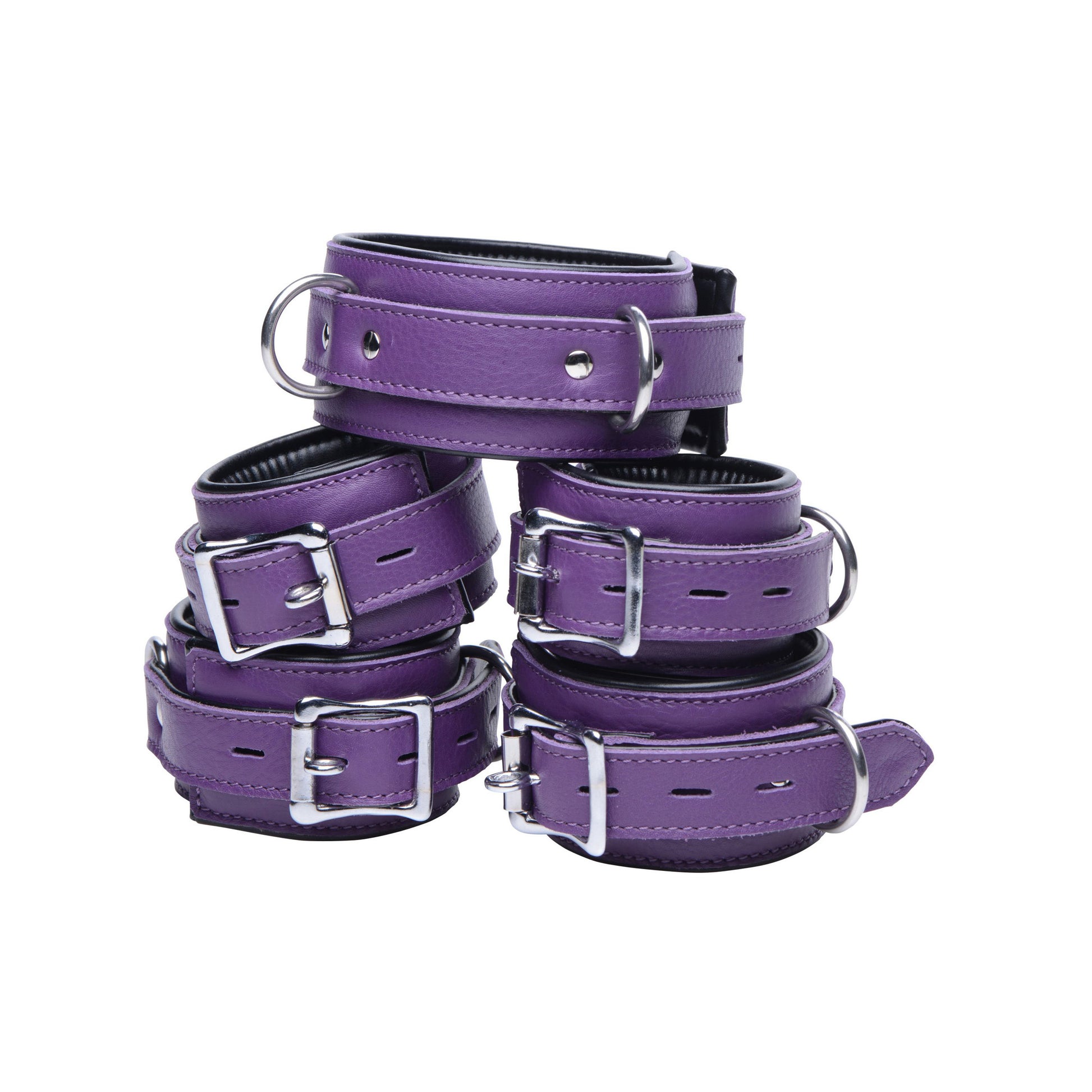 Purple 5 Piece Locking Leather Bondage Set - UABDSM