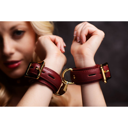 Strict Leather Luxury Burgundy Locking Wrist Cuffs - UABDSM