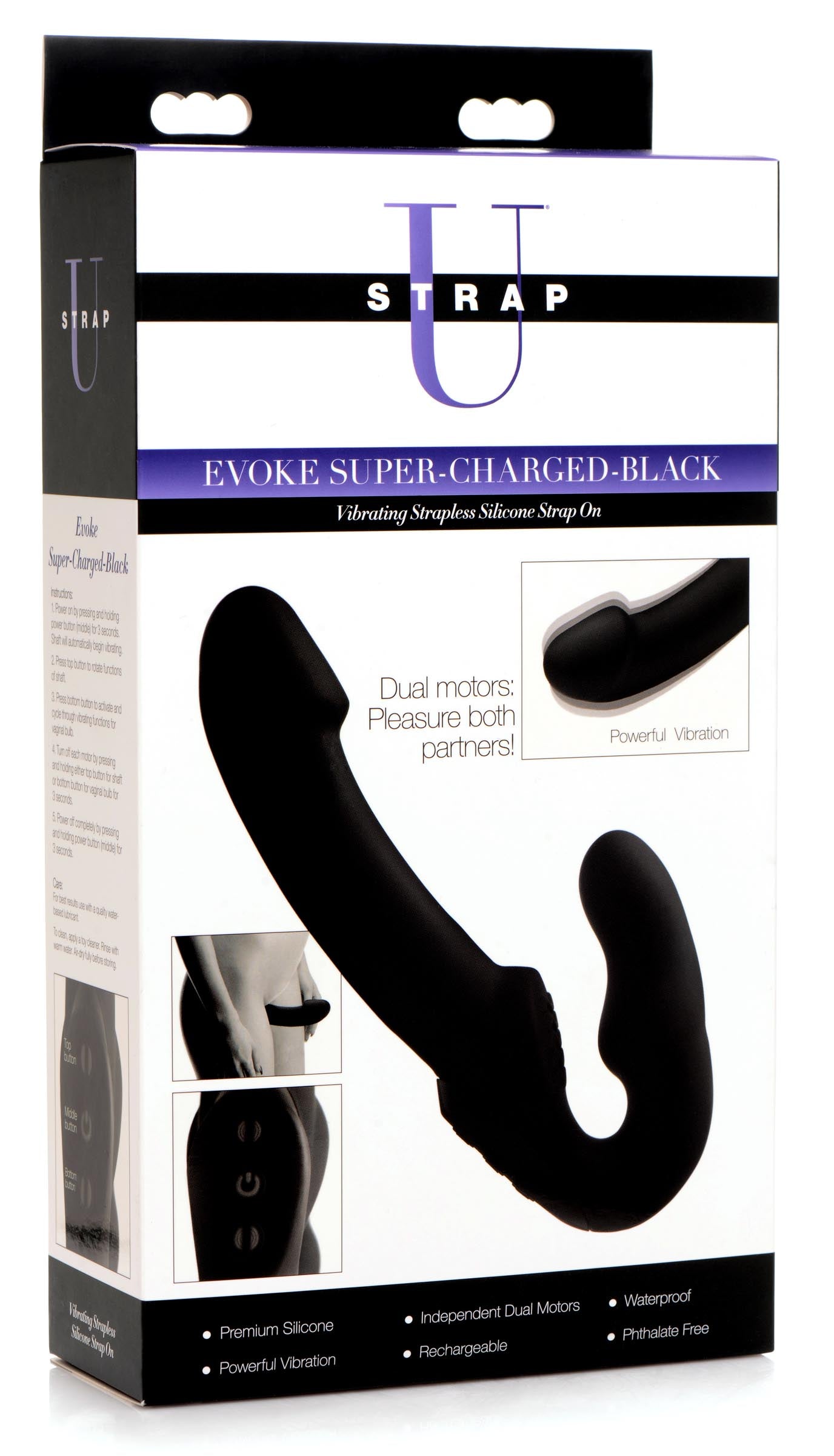 Evoke Rechargeable Vibrating Silicone Strapless Strap On - Black - UABDSM