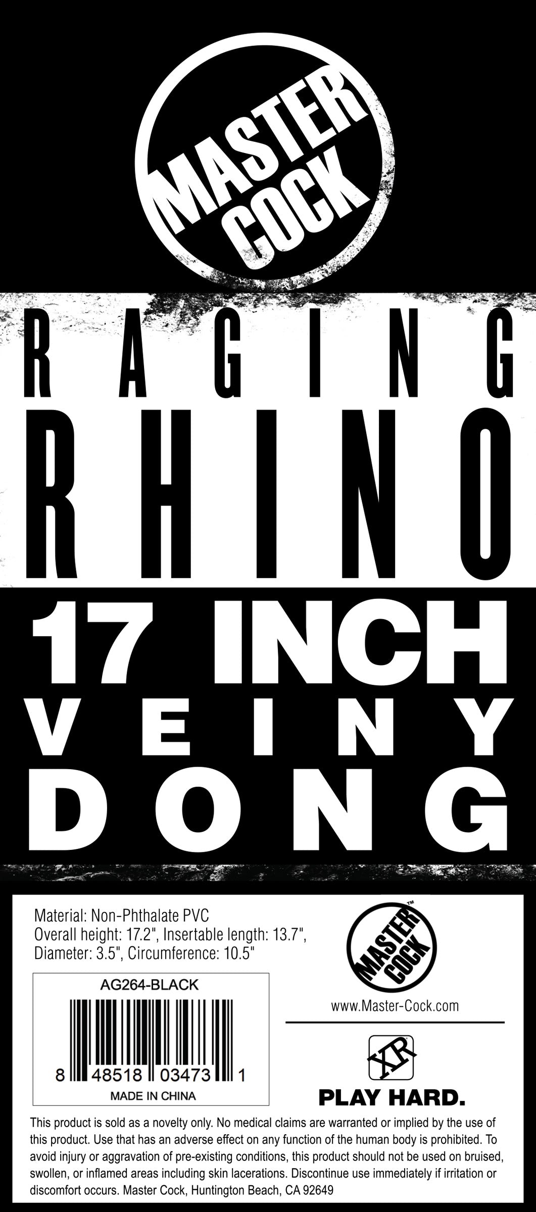 Raging Rhino 17 Inch Veiny Dildo - Black - UABDSM