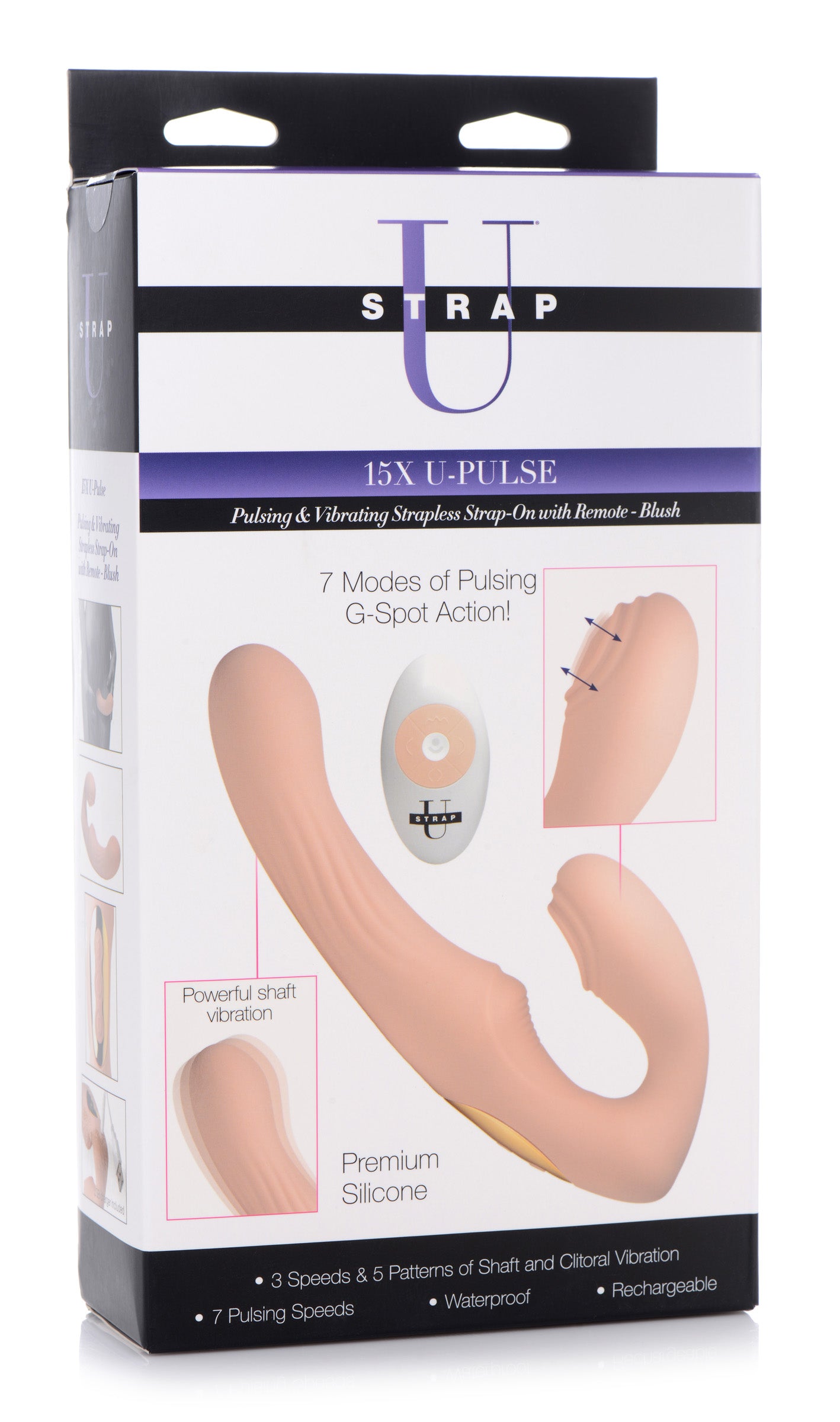 15X U-Pulse Silicone Pulsating and Vibrating Strapless Strap-on with Remote - Blush - UABDSM