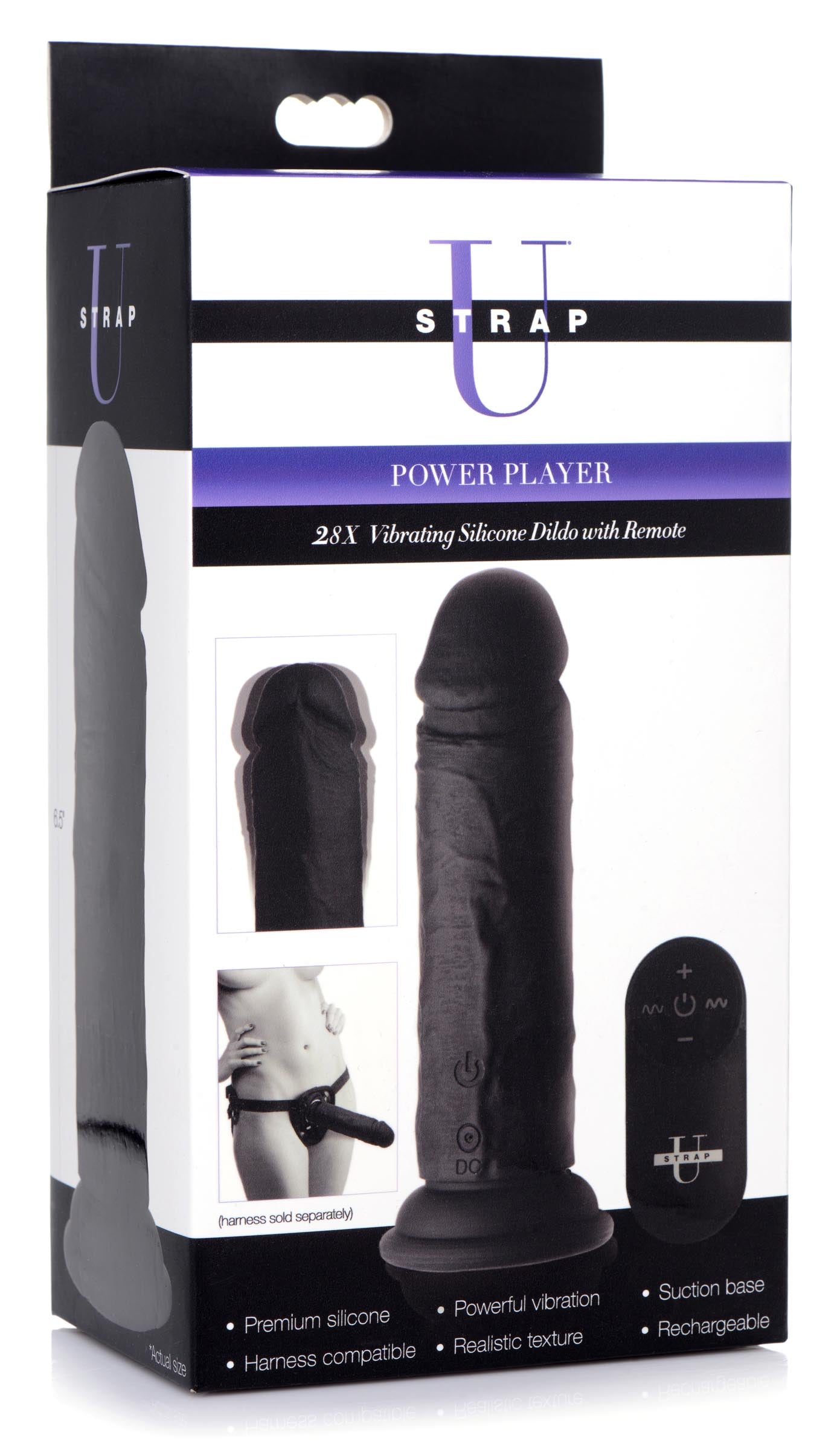 Power Player 28X Vibrating Silicone Dildo with Remote - Black - UABDSM