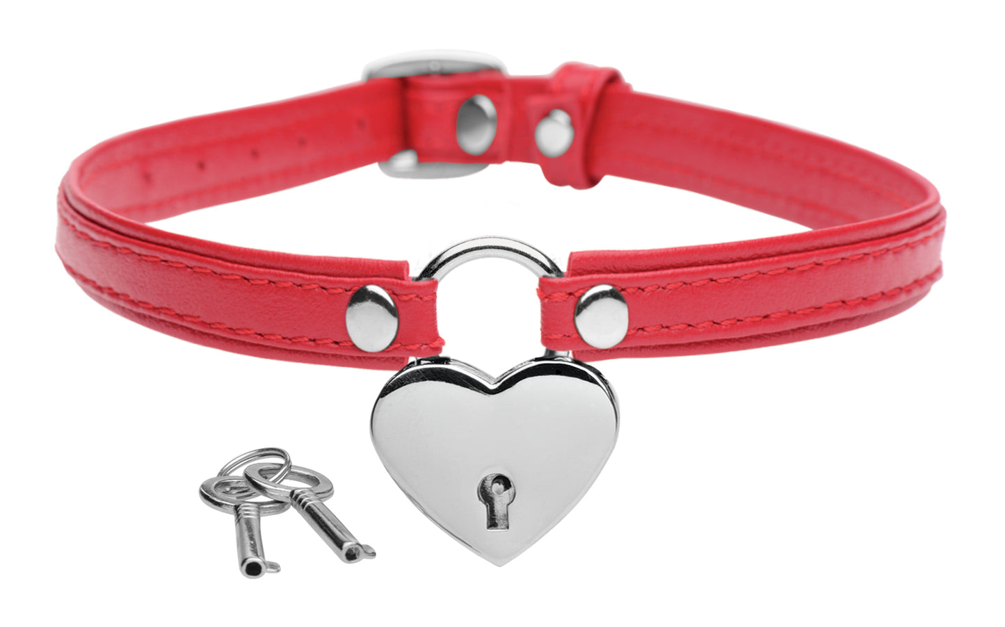Heart Lock Leather Choker with Lock and Key - Red - UABDSM