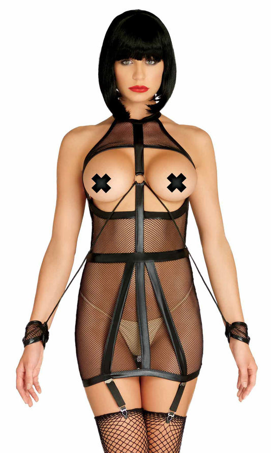 Wet Look Fishnet Bondage Garter Dress with Restraint Cuffs - Medium/Large - UABDSM