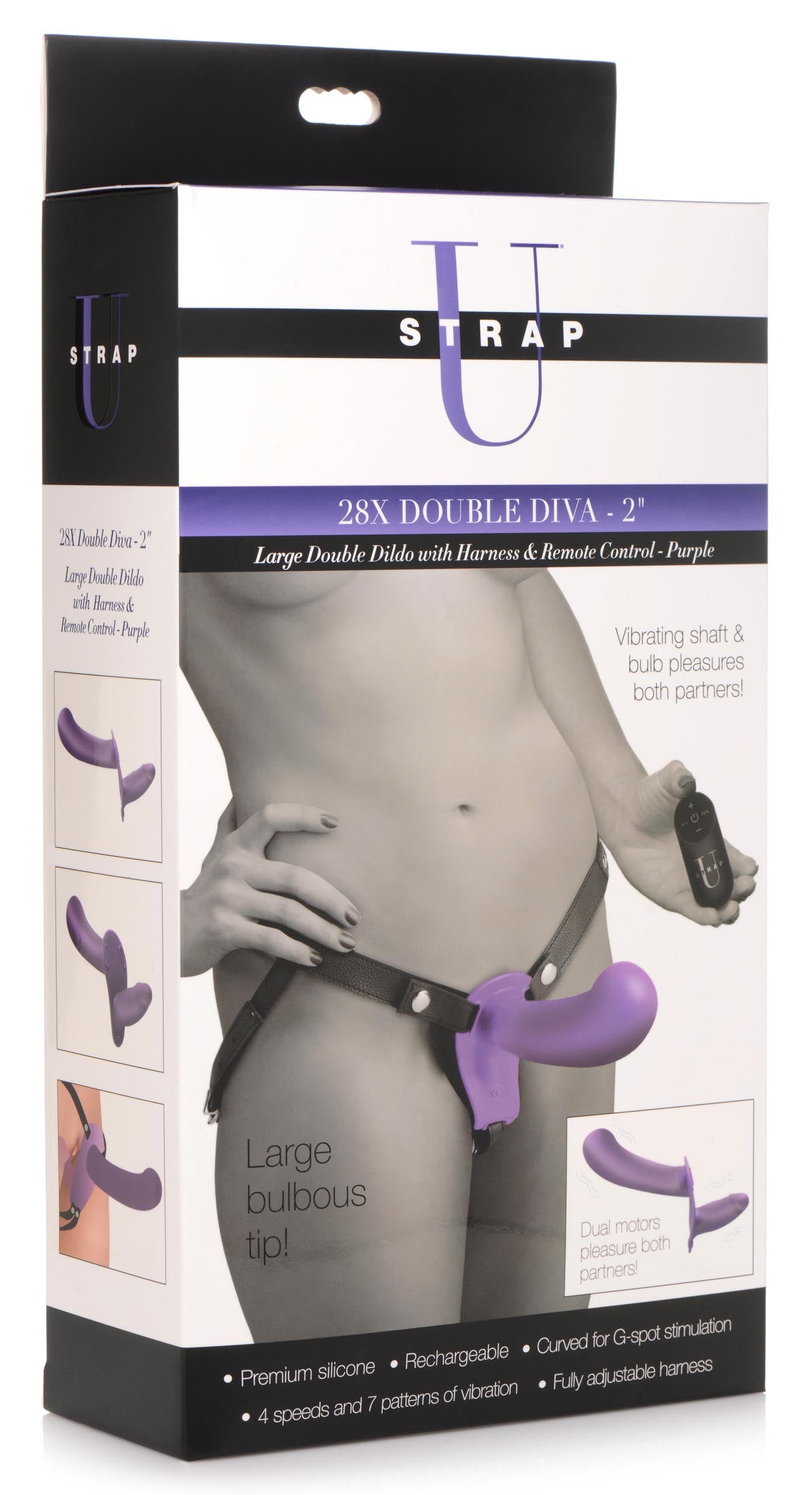 28X Double Diva 2 Inch Double Dildo with Harness and Remote Control - Purple - UABDSM