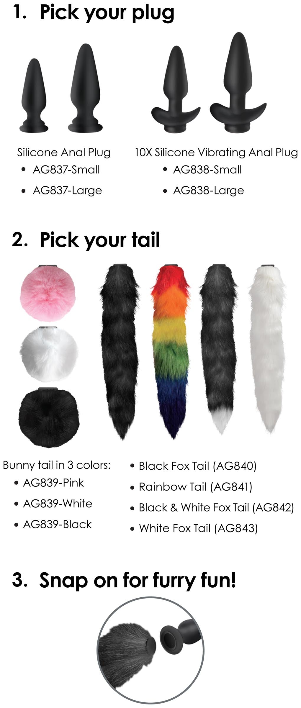 Small Anal Plug with Interchangeable Fox Tail - Black and White - UABDSM