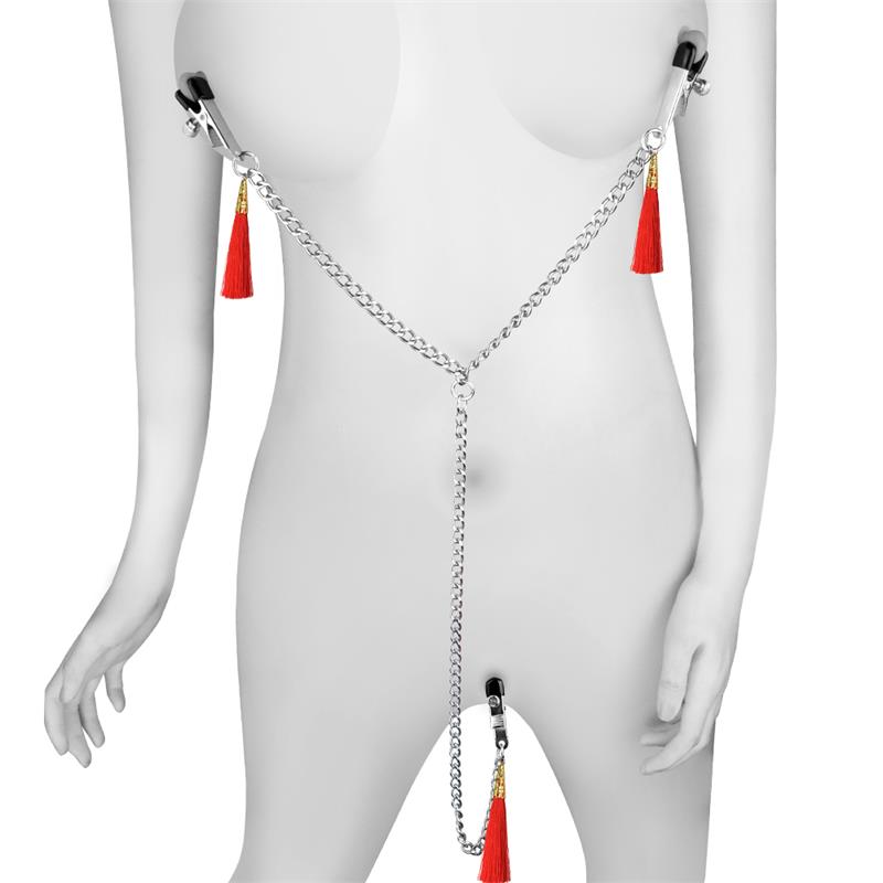 Chain with Nipple and Clitoris Clamps Red - UABDSM