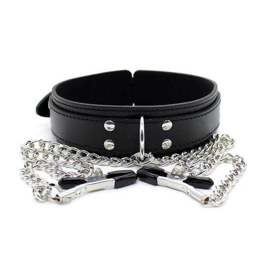 Collar with Nipple Clamps and metal Chain Black - UABDSM