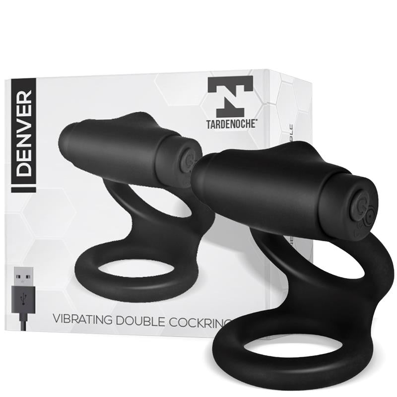 Denver Double Cockring with Vibrating Bullet USB Silicone Black - UABDSM