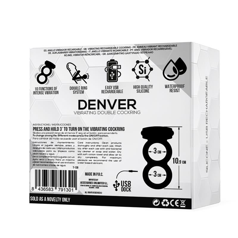 Denver Double Cockring with Vibrating Bullet USB Silicone Black - UABDSM