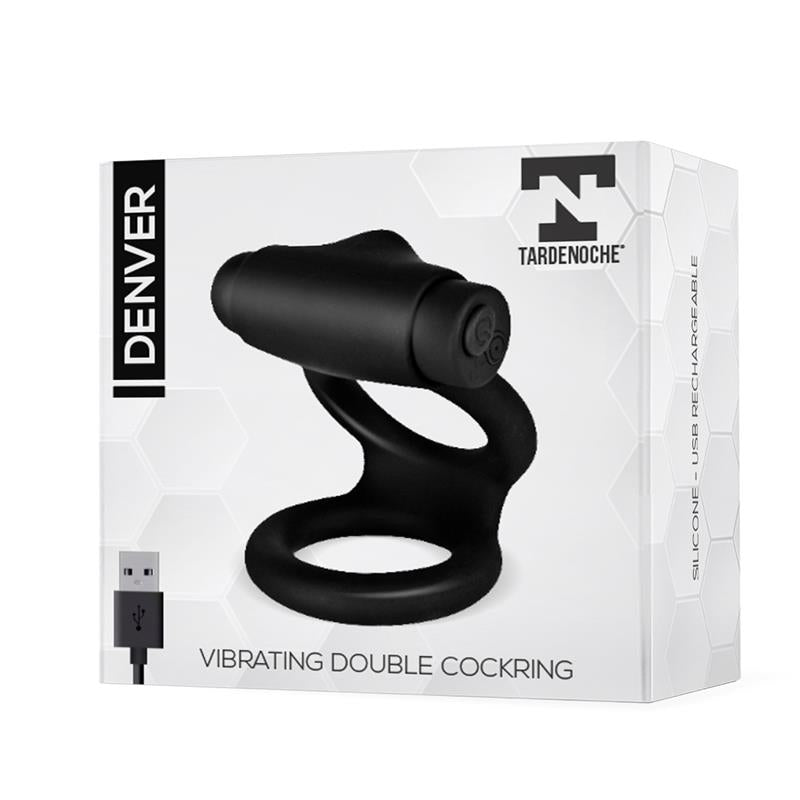 Denver Double Cockring with Vibrating Bullet USB Silicone Black - UABDSM