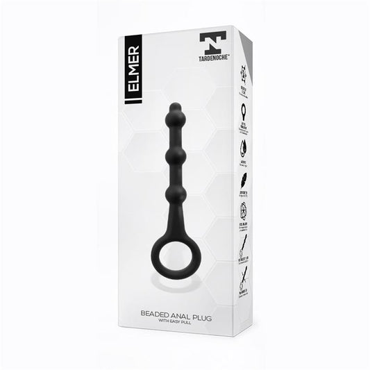 Elmer Beaded Butt Plug with Easy Pull Ring Silicone Black - UABDSM