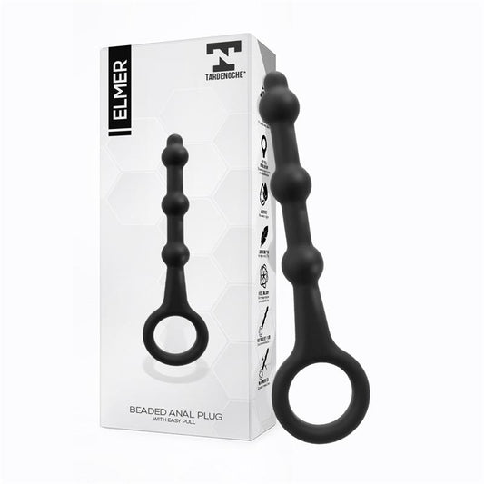 Elmer Beaded Butt Plug with Easy Pull Ring Silicone Black - UABDSM