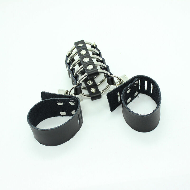 Ohmama Fetish Leather Strap Metal Ring Cock Cage With Ball Divider - UABDSM