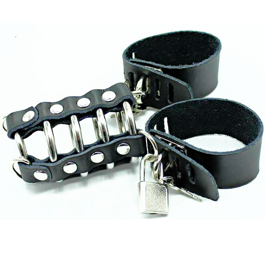 Ohmama Fetish Leather Strap Metal Ring Cock Cage With Ball Divider - UABDSM