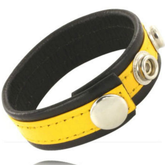 Leather Body Cock And Ball Strap With Snaps - Black And Yellow - UABDSM
