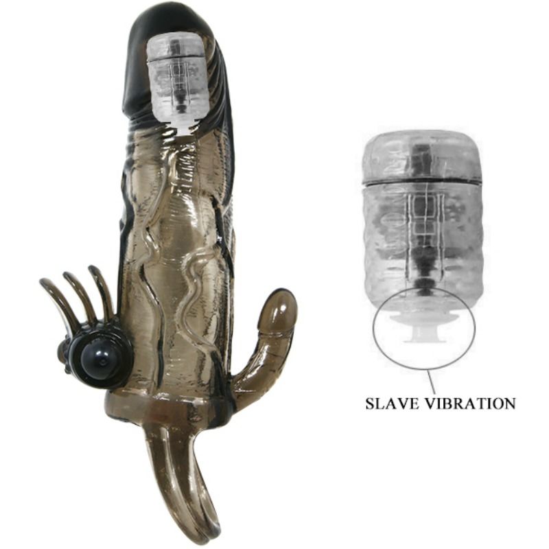 Brave Man Penis Cover With Clit And Anal Stimulation Double Bullet Black 16.5 Cm - UABDSM