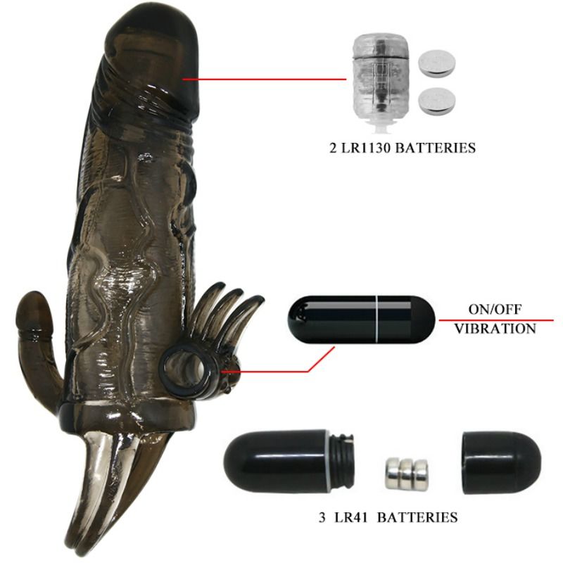 Brave Man Penis Cover With Clit And Anal Stimulation Double Bullet Black 16.5 Cm - UABDSM