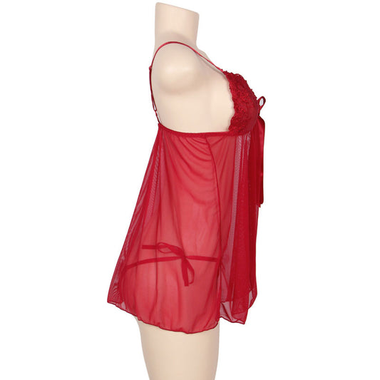 Subblime Queen Plus Babydoll With Bow And Floral Laces Red - UABDSM