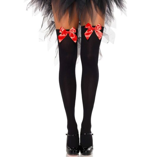 Leg Avenue Black Nylon Thigh Highs With Red Bow One Size - UABDSM