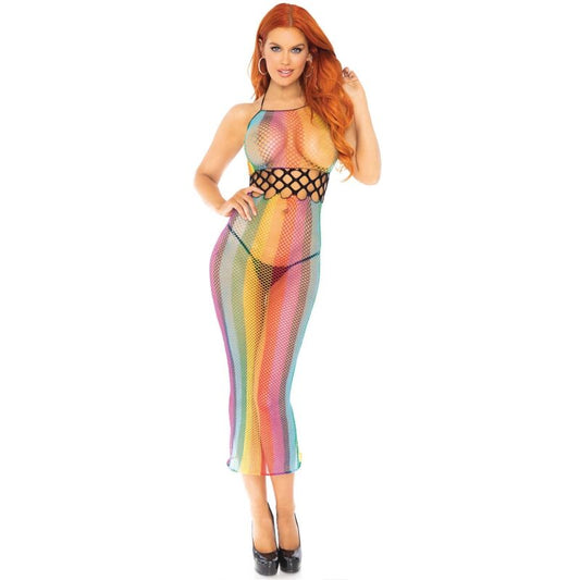 Leg Avenue Long Halter Net Dress One Size - Rainbow - UABDSM