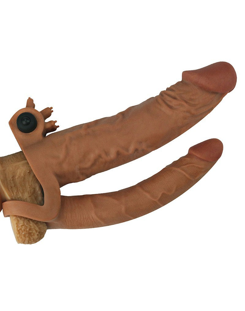 Love Toy - Pleasure X Tender Vibrating Double Penis Sleeve + 5 Cm - Brown - UABDSM