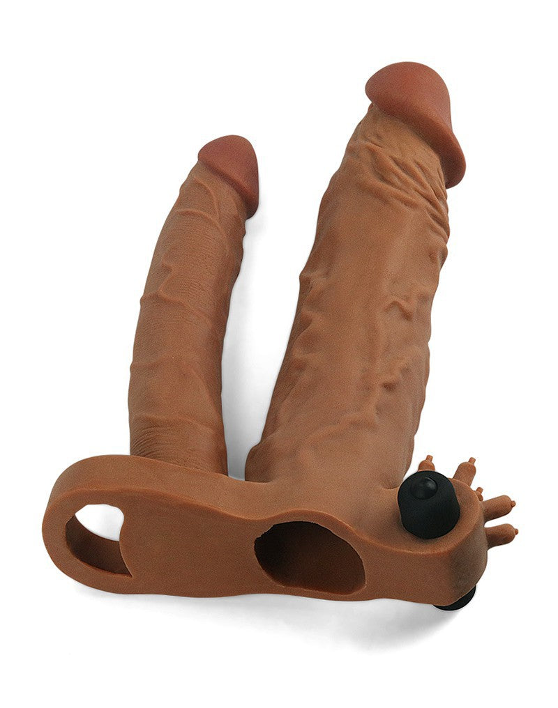 Love Toy - Pleasure X Tender Vibrating Double Penis Sleeve + 5 Cm - Brown - UABDSM